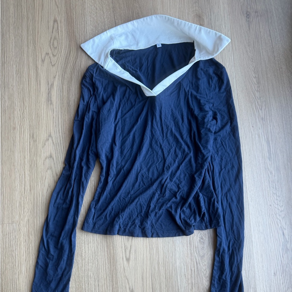 SHEIN Navy Blue and White Long Sleeve Women’s Top Size Small Polo Collar Top